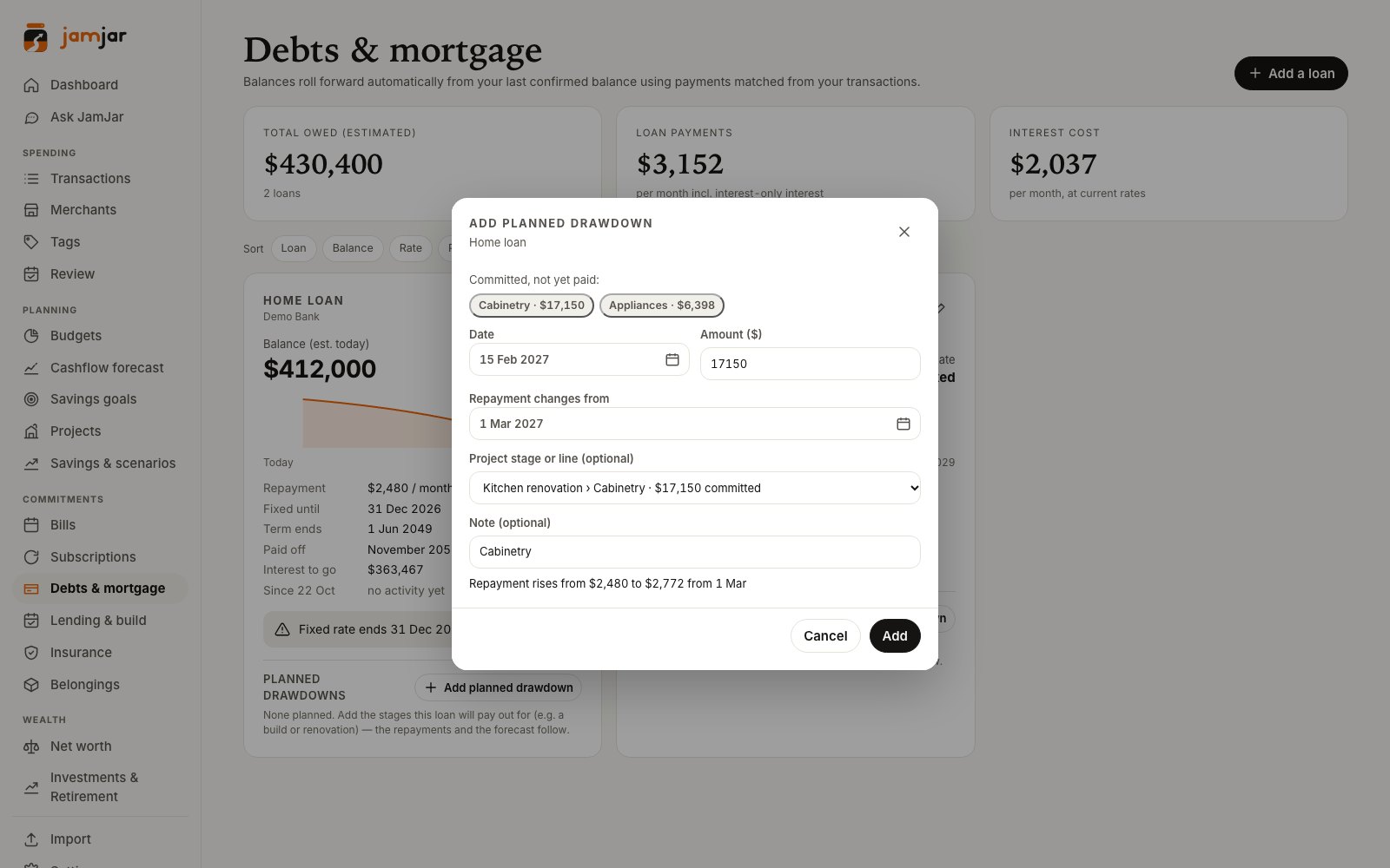 Add planned drawdown sheet showing the repayment rising from $2,480 to $3,050