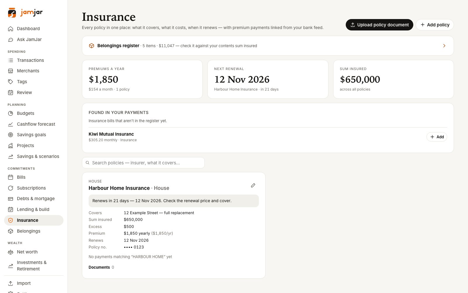 Check what was read sheet with the insurer, policy type, sum insured and excess filled in from a document