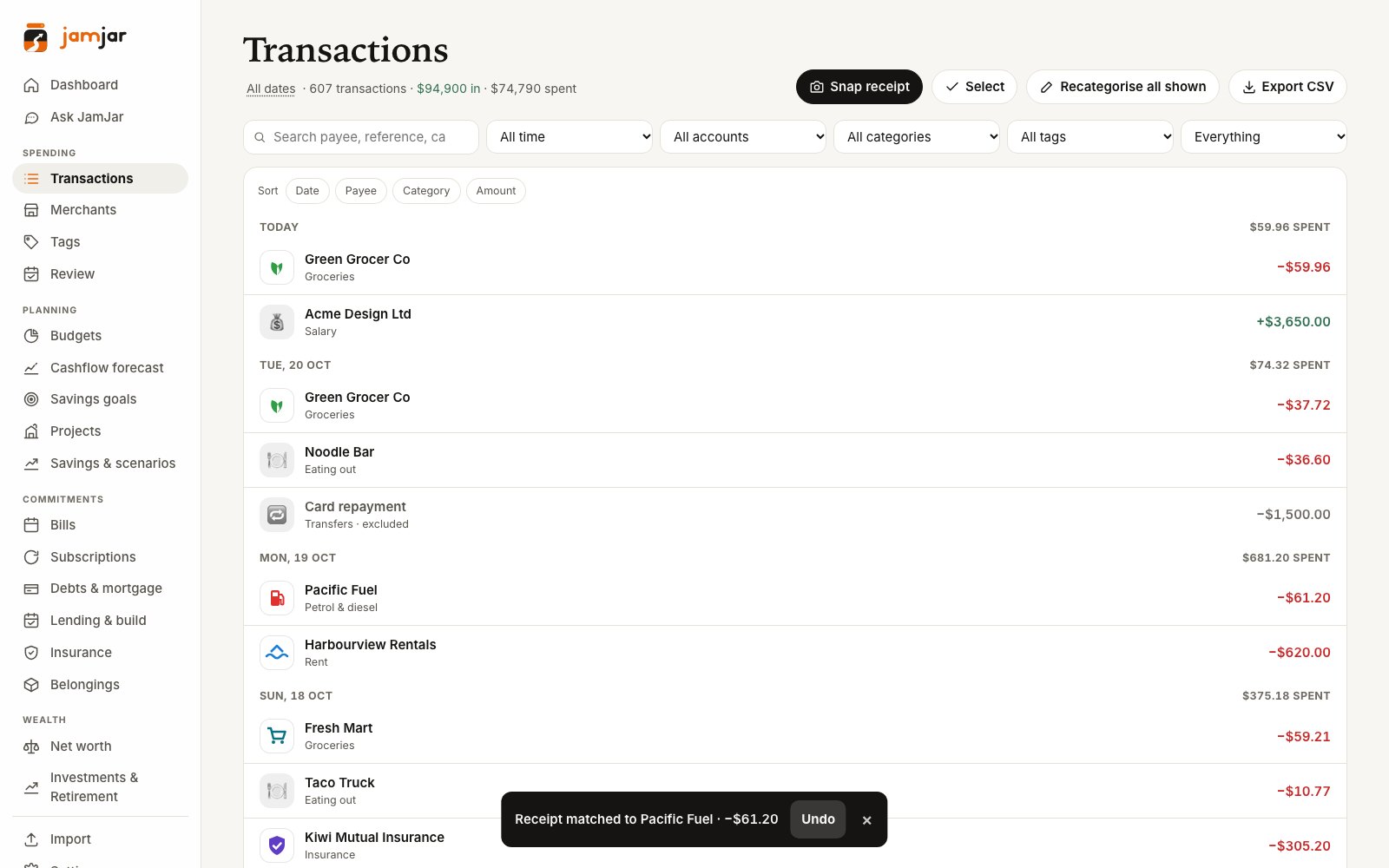 Transactions list with a toast saying the receipt was matched, with Undo