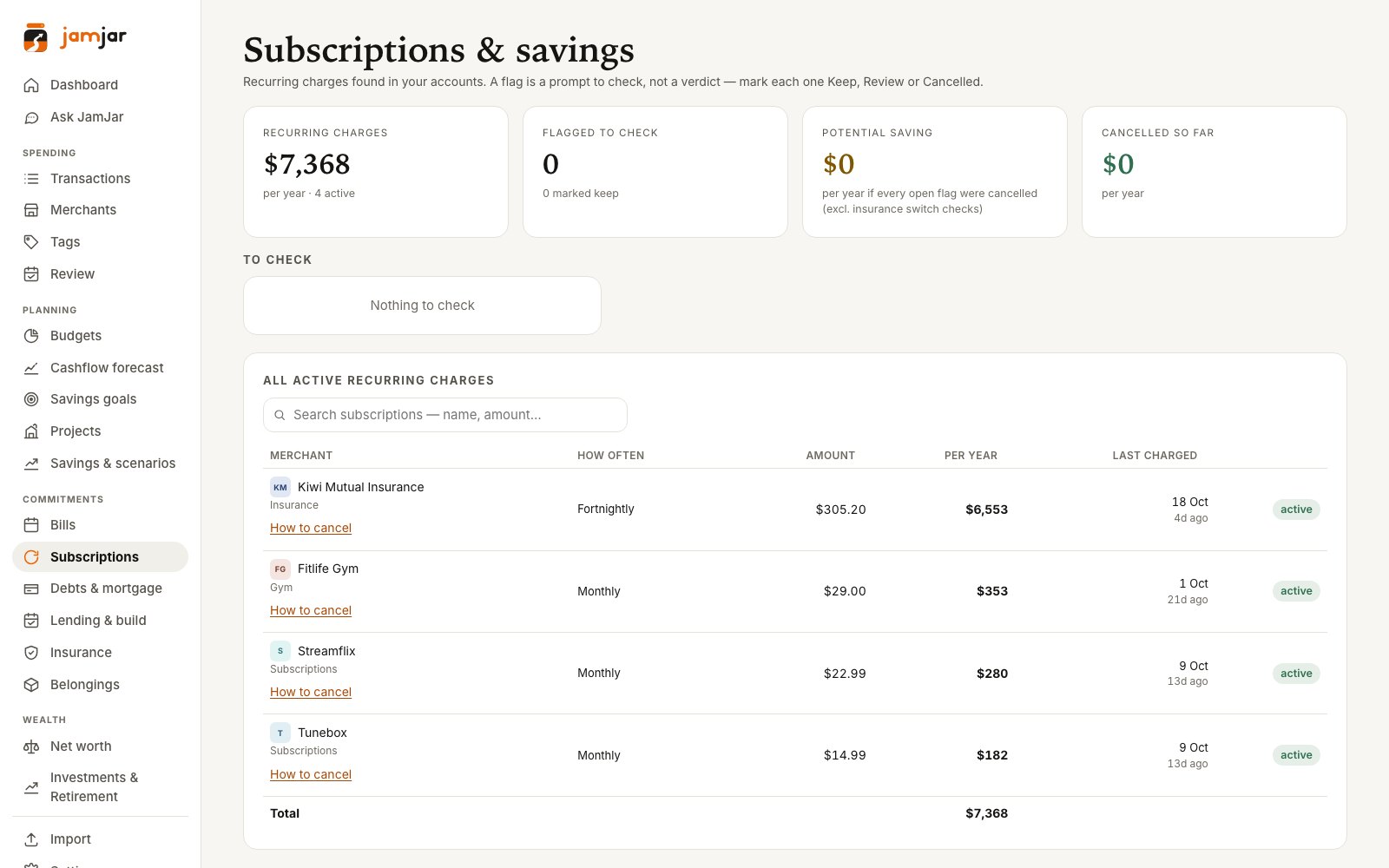 Subscriptions page with yearly costs and How to cancel links