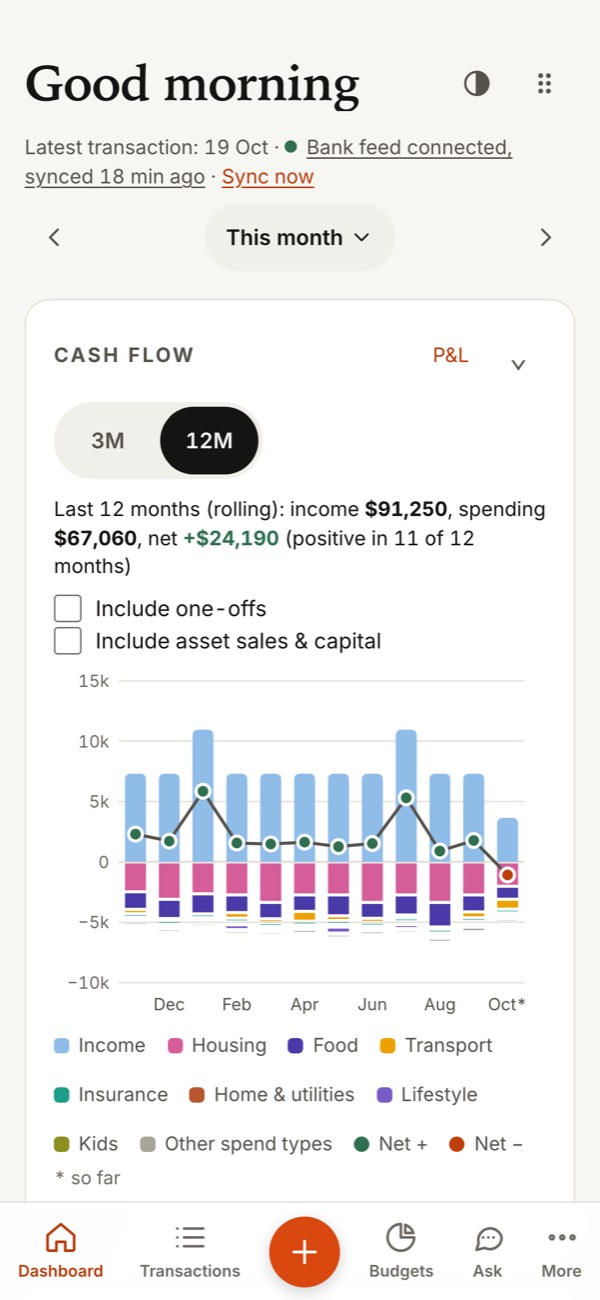 JamJar dashboard on a phone with the cash flow chart (demo data)
